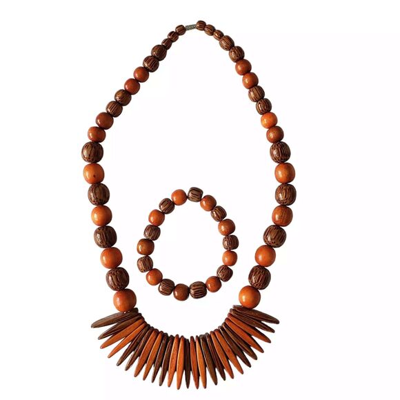 Wooden Beads Necklace and Bracelet Set Womens Jewelry Set Beachy Boho - Picture 3 of 5